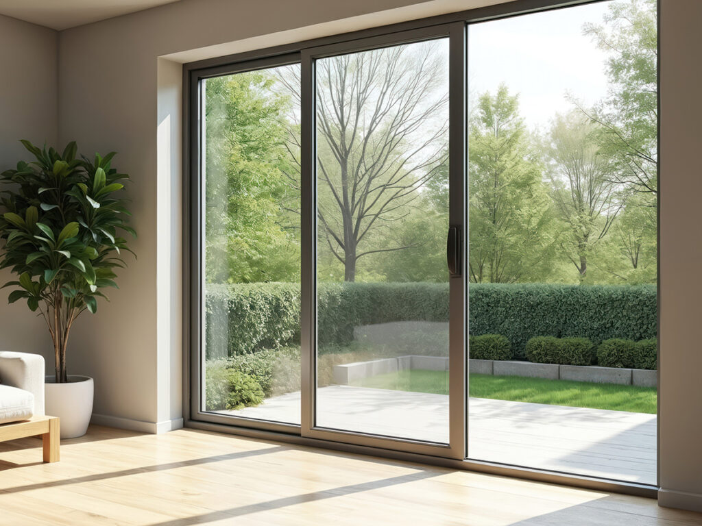 Modern living room with large sliding glass doors, aluminium frame. View of garden, natural light. Interior design sofa, plant, wooden floor. Home, apartment, residential building, nature concept.