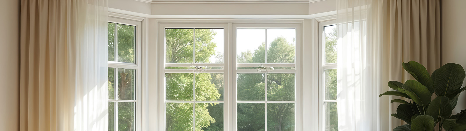 Bright room with bay window featuring seat cushion pillows curtains. Sunlight streams onto wood floor near large green potted plant. Clean modern home interior provides cozy relaxing atmosphere.