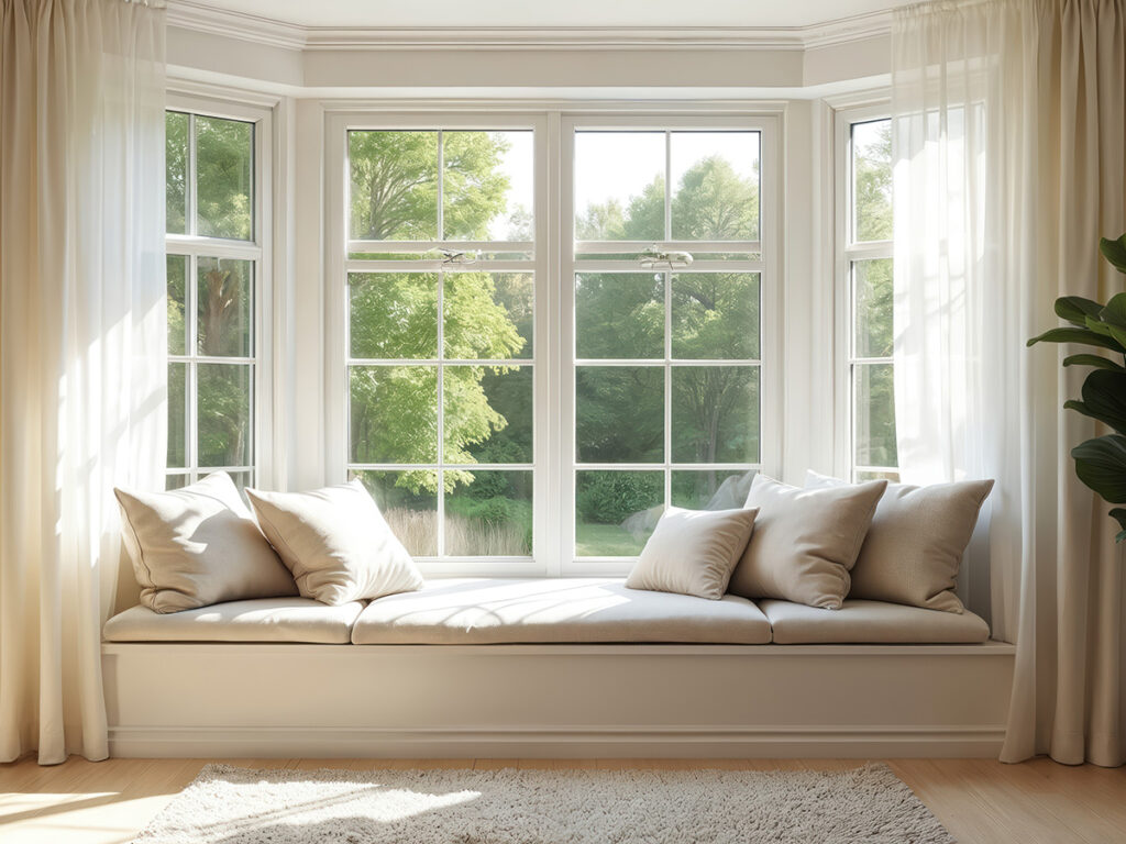 Bright room with bay window featuring seat cushion pillows curtains. Sunlight streams onto wood floor near large green potted plant. Clean modern home interior provides cozy relaxing atmosphere.